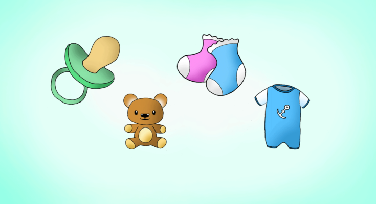 Schnuller, Teddy, Söckchen und Strampler in Cartoon-Form für das Baby